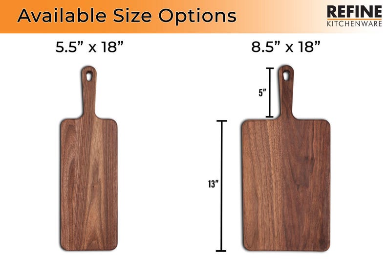 Size graphic comparing two walnut paddle boards side by side with width and length labels