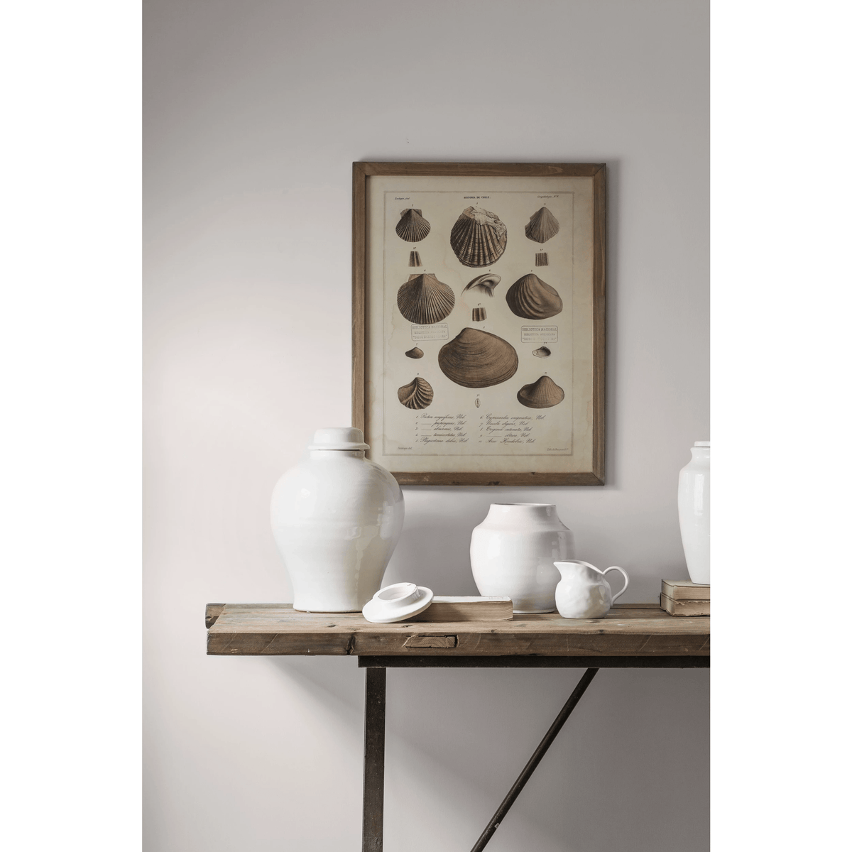 White glazed terracotta jar on a rustic wood console below a framed seashell print