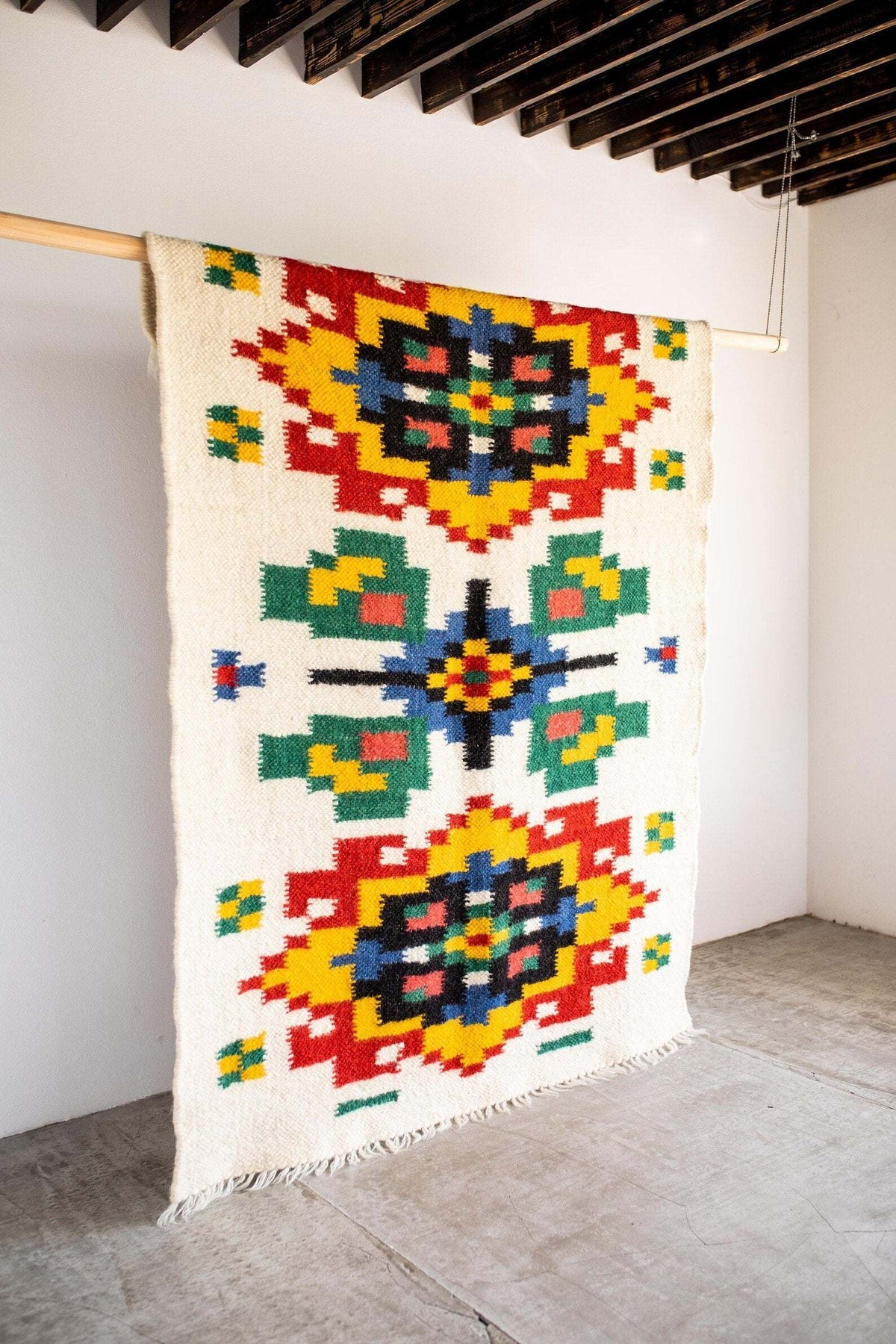 Handwoven Thin Wool Rug, Carpathian Pattern, alternate view