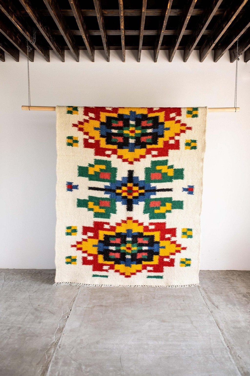 Handwoven Thin Wool Rug, Carpathian Pattern