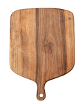 Large walnut serving board with a carry handle, shown flat from above to show its straight, warm wood grain
