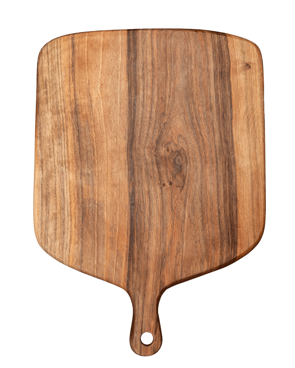 Large walnut serving board with a carry handle, shown flat from above to show its straight, warm wood grain