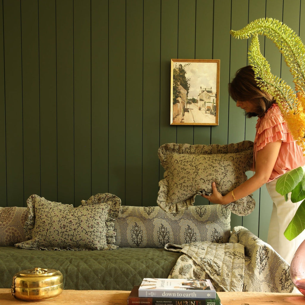 Inaya Linen Floral Pillow Cover, Beachwood Ruffled, detail view