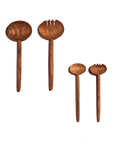 Two pairs of carved walnut salad servers in short and long lengths shown on a deep green background