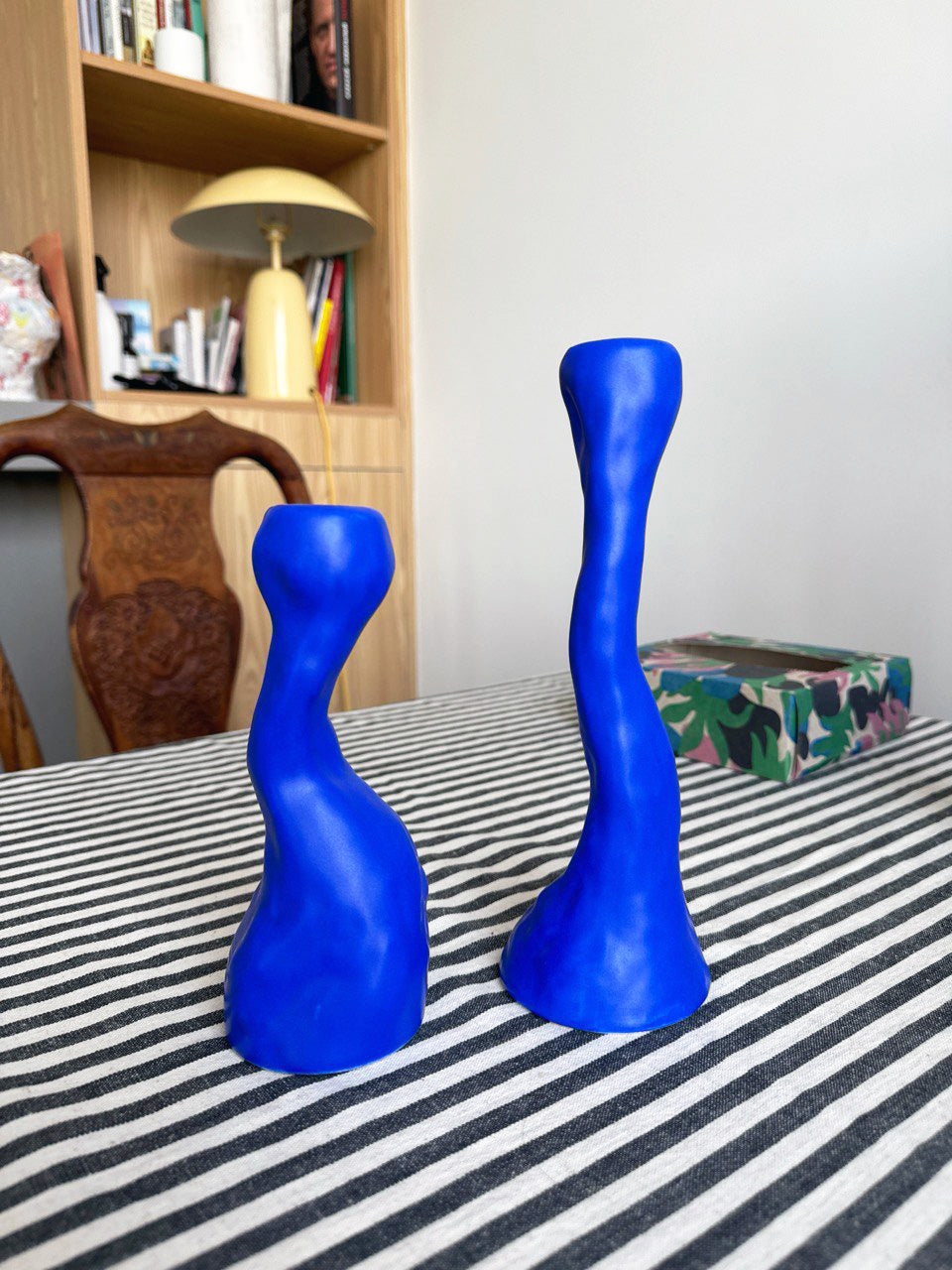 Tall Cobalt Porcelain Candle Holder shown from a second angle against a pale neutral backdrop