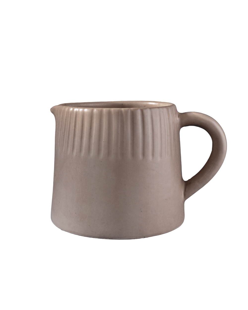 Small clay-toned ceramic pitcher with carved lines shown on its own on a green background