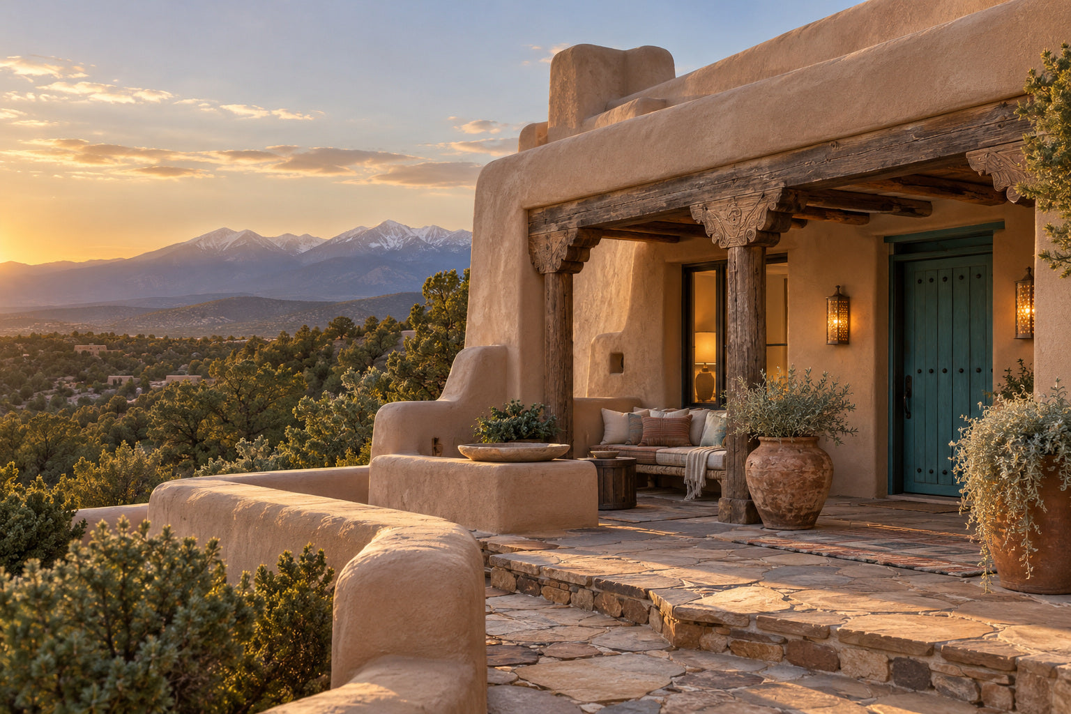 Pueblo Revival-style adobe home with carved wooden corbels, a turquoise door and mountain views.