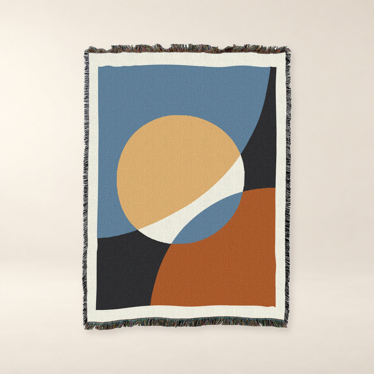 Clay Sun Abstract Woven Cotton Throw on a warm bone background.