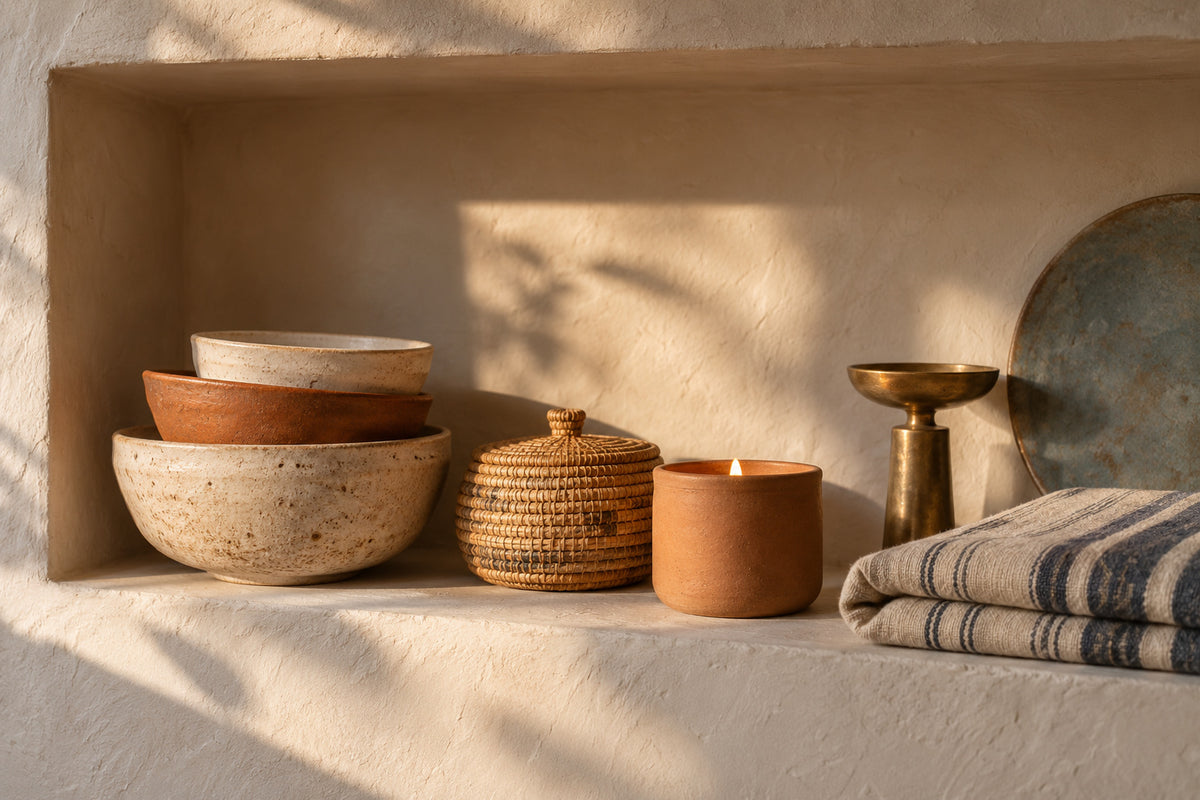 Cream and terracotta bowls, a woven basket, a clay candle, striped linen and brass decor in a plaster niche.