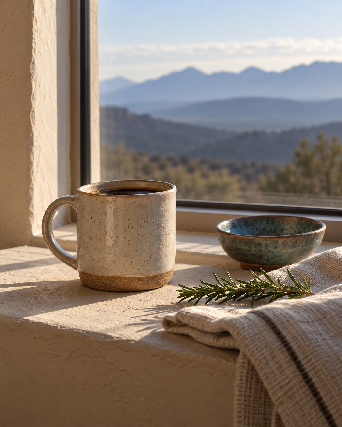 Handmade coffee mug, patina-blue bowl, linen towel and rosemary on a windowsill overlooking blue mountains.