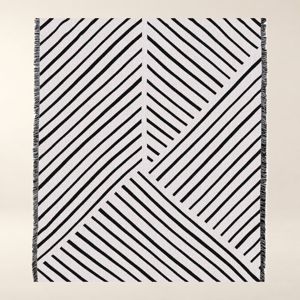 Diagonal Lines Woven Cotton Throw, Black and Ivory close-up of the photographed product details.