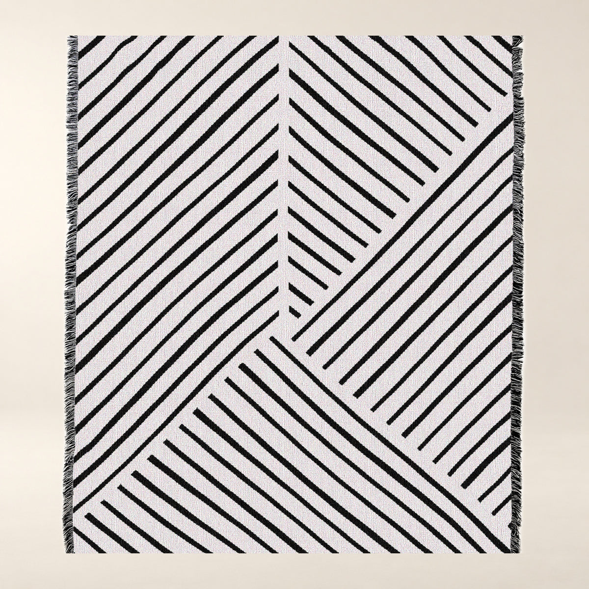 Diagonal Lines Woven Cotton Throw, Black and Ivory close-up of the photographed product details.