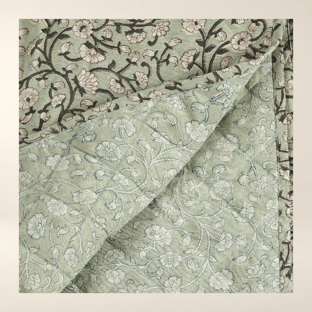 Keya Linen Block Print Quilted Coverlet close-up of the photographed product details.