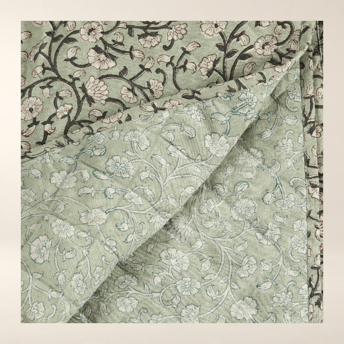 Keya Linen Block Print Quilted Coverlet close-up of the photographed product details.