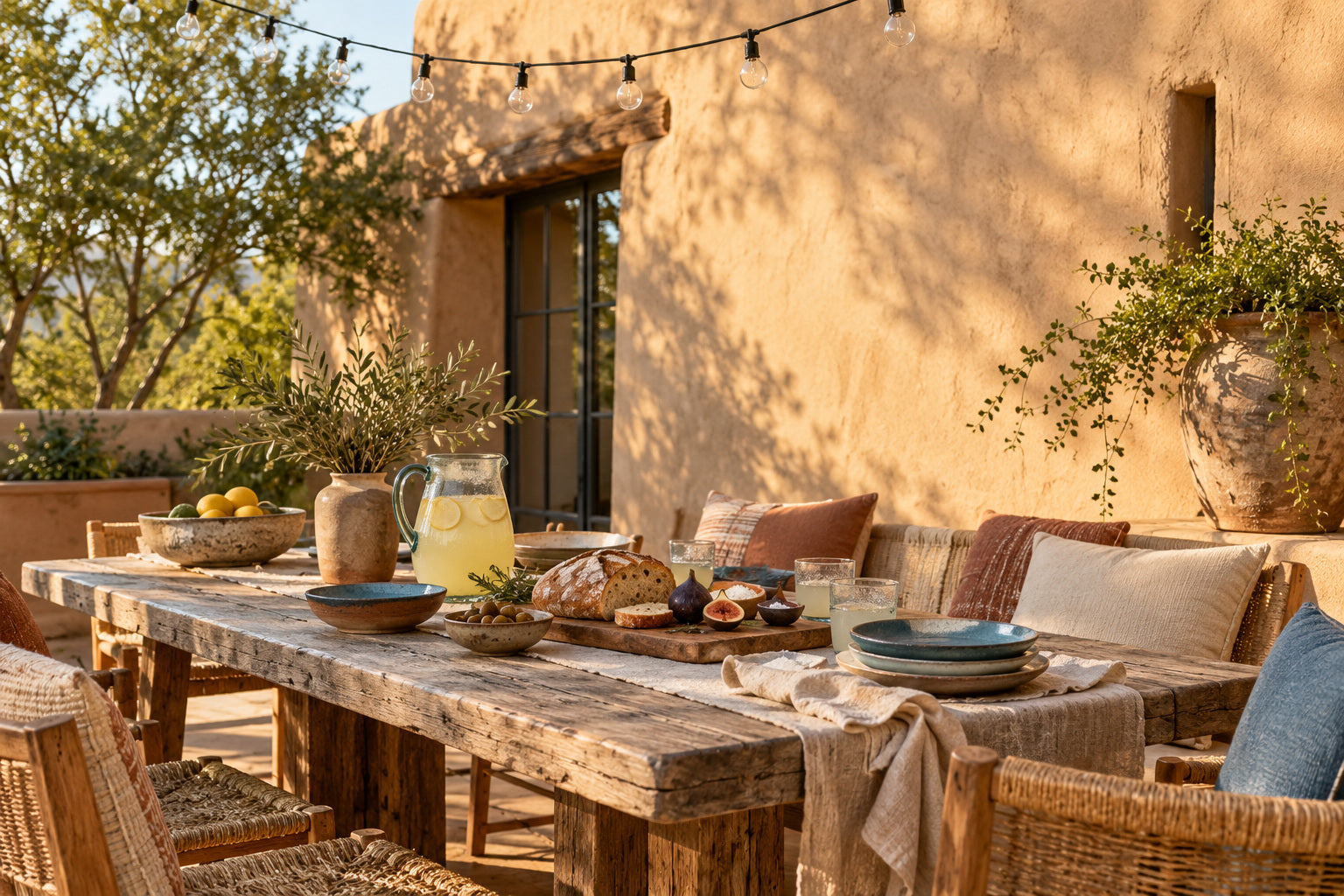 Outdoor table beside an adobe wall with handmade ceramics, lemonade, bread, figs and woven seating.