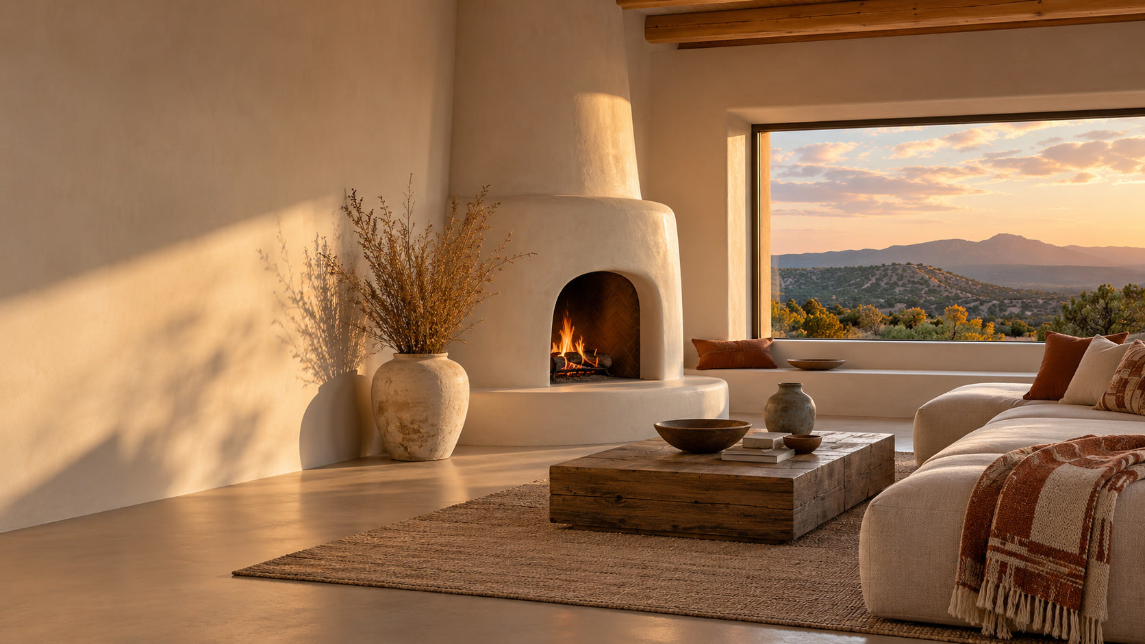 Santa Fe-inspired living room with a plaster kiva fireplace, linen sofa, terracotta throw and mountain views.