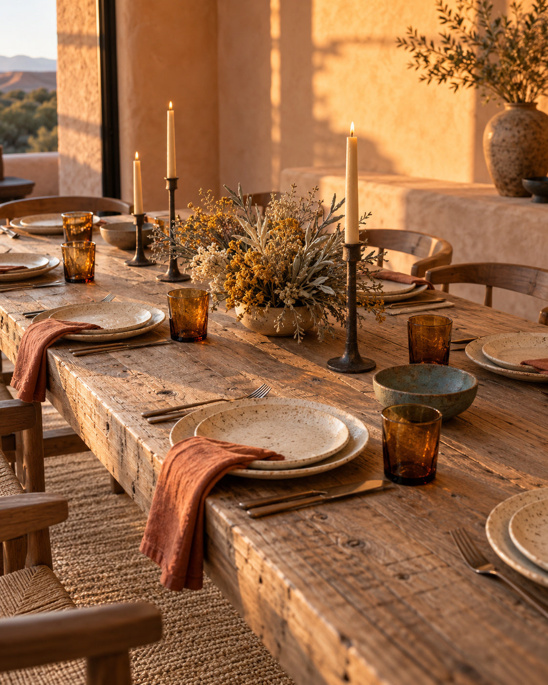 Speckled stoneware plates, terracotta linen napkins, amber glasses and candles on a wood dining table.
