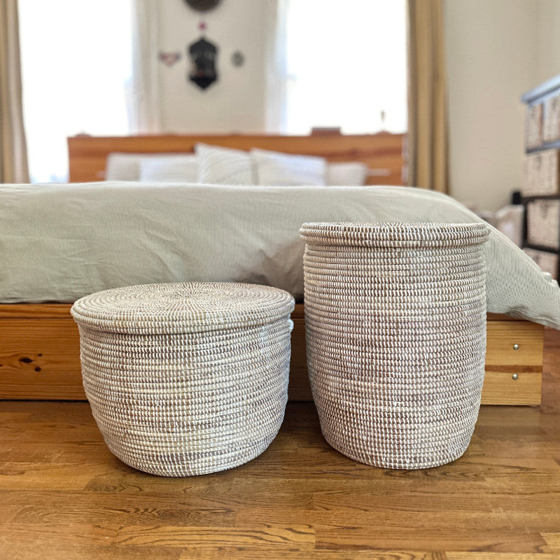 White Flat-Lid Woven Floor Basket, detail view
