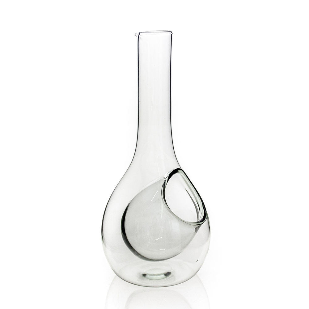 Tall recycled glass wine decanter with a side ice chamber shown on its own on a white background